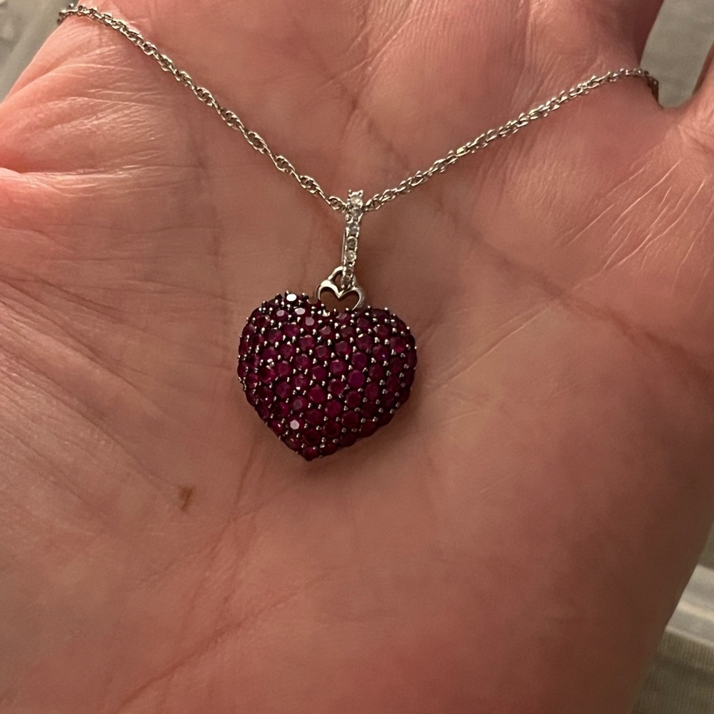 Solid 10K White Gold + Genuine Rubies & Diamonds 3D Heart pendant - Picture 8 of 10